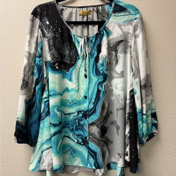 Valerie Stevens Teal Gray Abstract Blouse L Tie Neck Career Chic Top - Picture 2 of 9